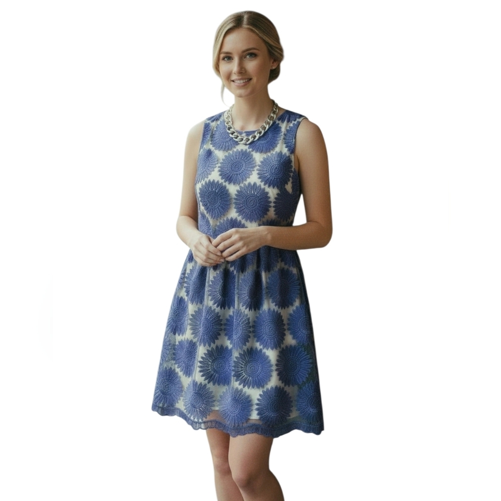 Formal Sleeveless Fit & Flare Cocktail Dress Navy Blue Embroidered Flowers small